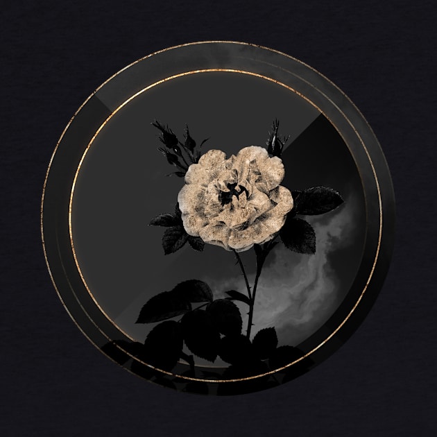 Shadowy Blooming White Rose Botanical on Black and Gold by Holy Rock Design